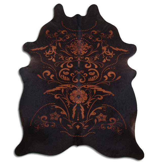 Etched Filigree Black Cowhide Rug - Medium