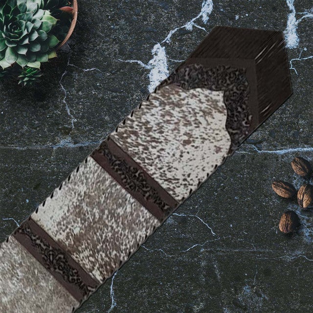 Fringed Tan Floral Embossed Leather Table Runner - 96 Inch