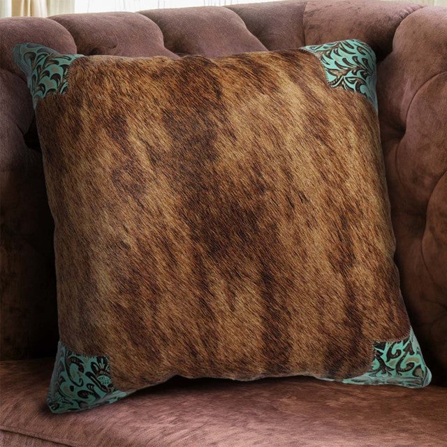 Highland & Teal Floral Cowhide Pillow - Small