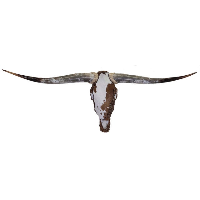 Authentic Longhorn Skull with Brown & White Cowhide & Copper Glass