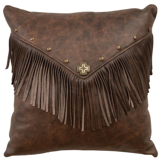 Brown Leather Fringed Concho Pillow