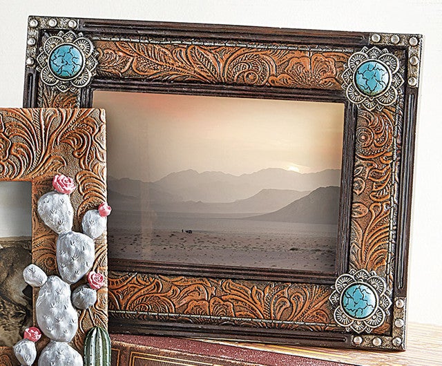 Turquoise Stone Tooled Leather Photo Frame