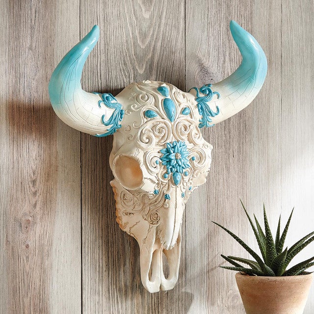 Turquoise Tribal Bison Skull Wall Hanging