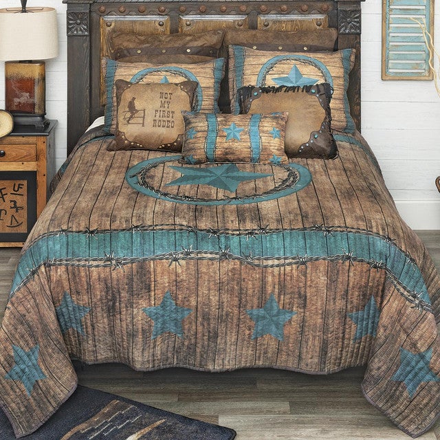 Turquoise Star & Barbed Wire Quilt Bed Set - Queen