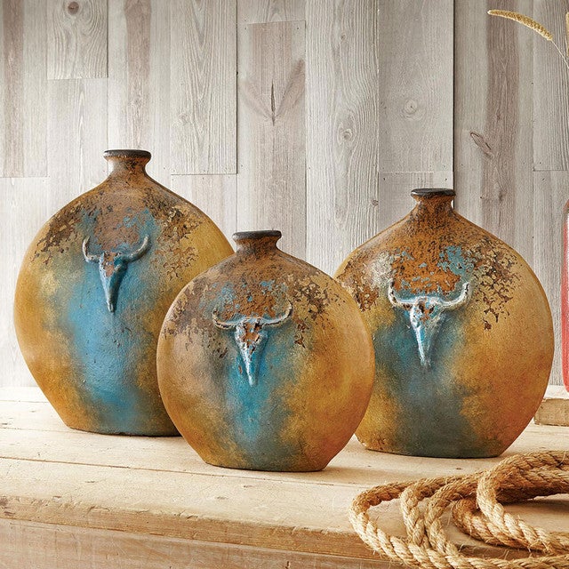 Turquoise Cattle Ranch Pottery Vases - Set of 3