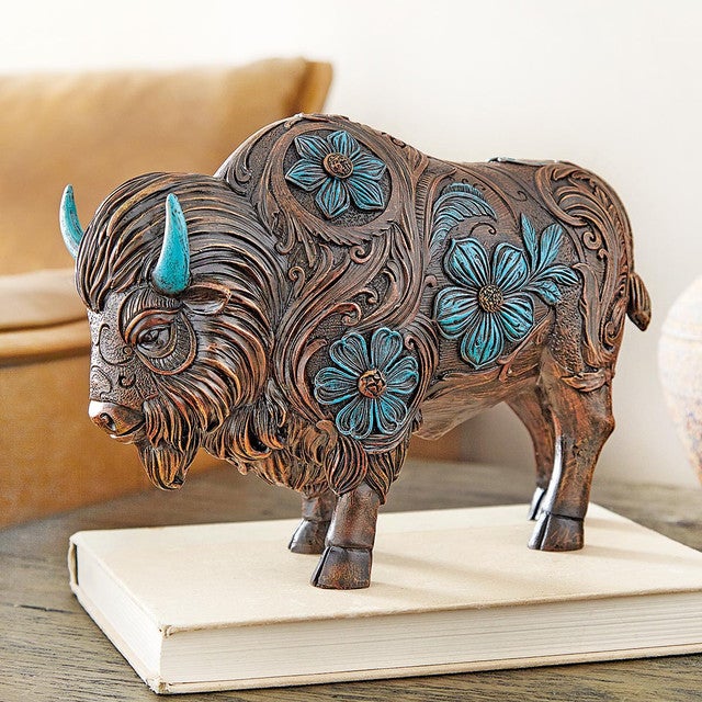 Turquoise Floral Buffalo Sculpture