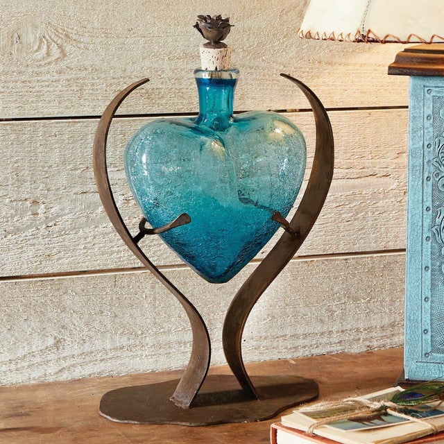 Turquoise Heart Glass Art Decanter
