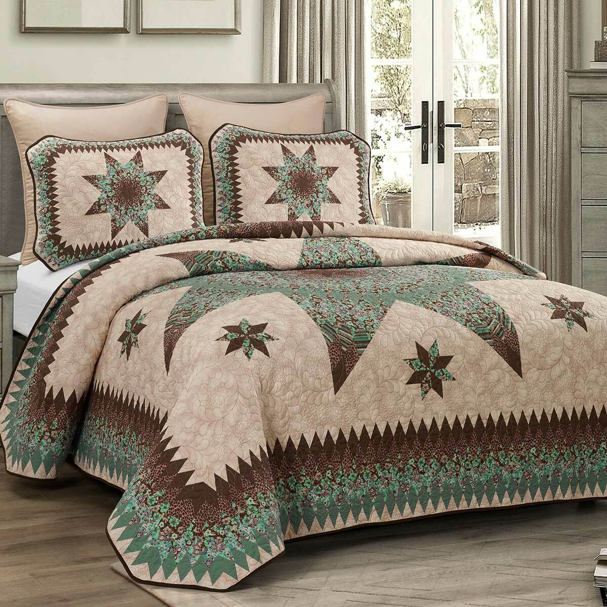 Aqua Star Cotton Quilt Bed Set - Queen Quilted Bedspread, Southwestern Bedding from Lone Star Western Decor, image size:1200x1200