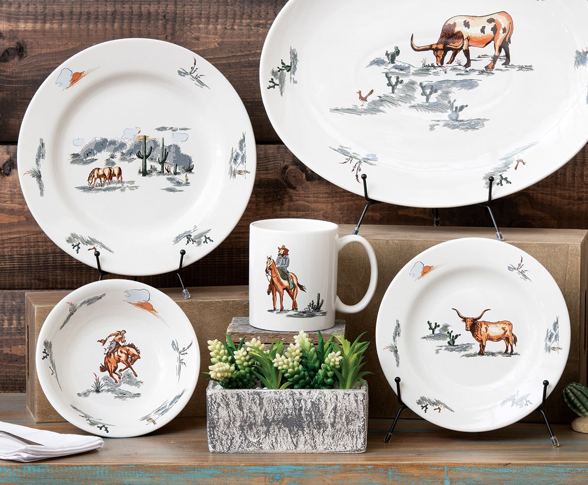 Cowboy Roundup Ceramic Dinnerware Set (16 pcs) Lone Star Western