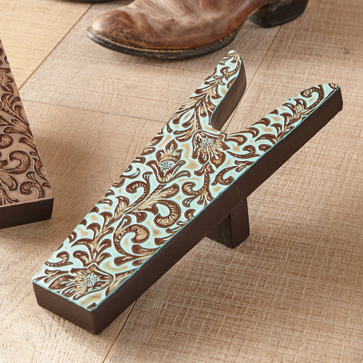 Floral Turquoise Tooled Leather Boot Jack Lone Star Western Decor